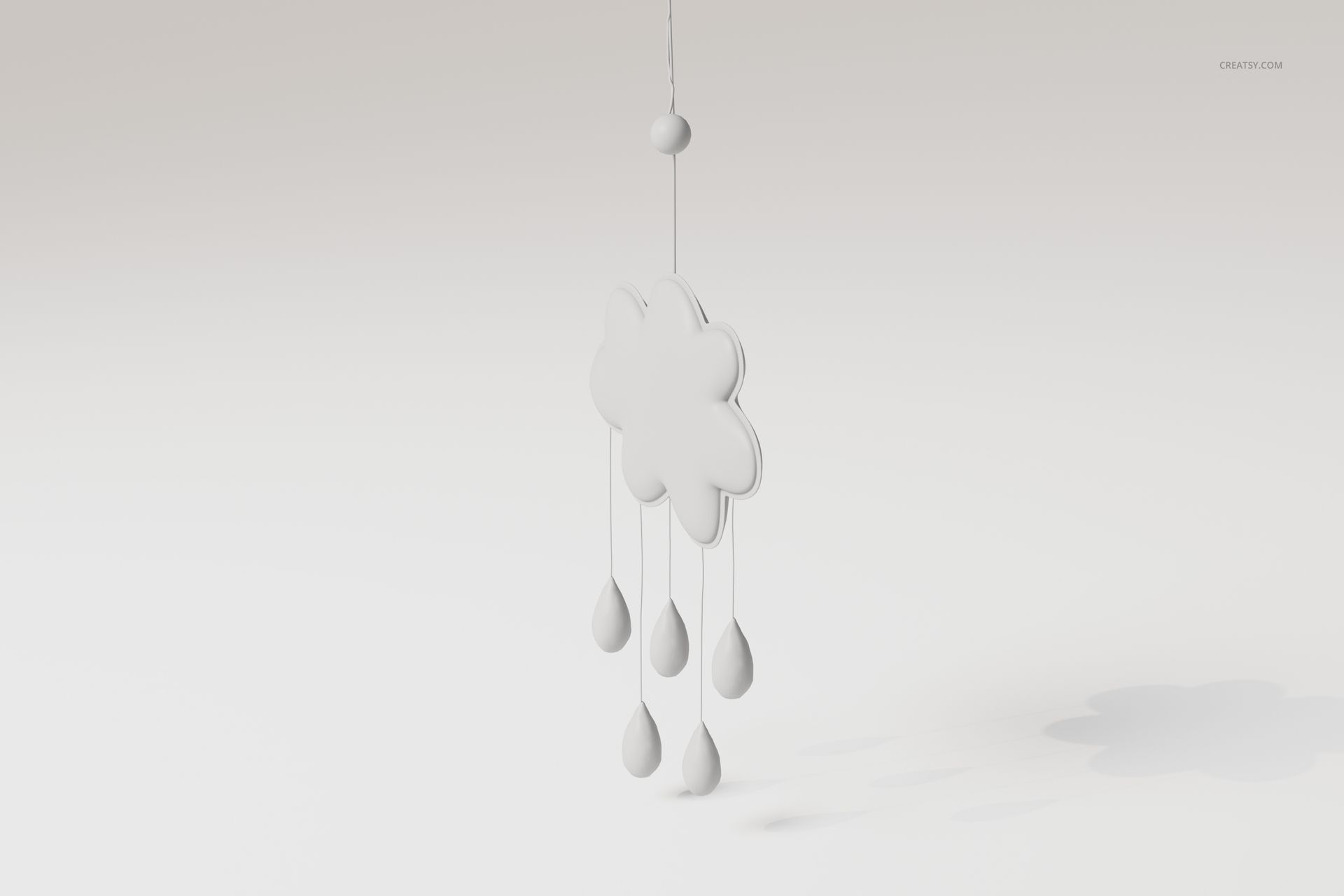 Front view of a white cloud-shaped baby mobile with five hanging raindrop ornaments against a plain background.