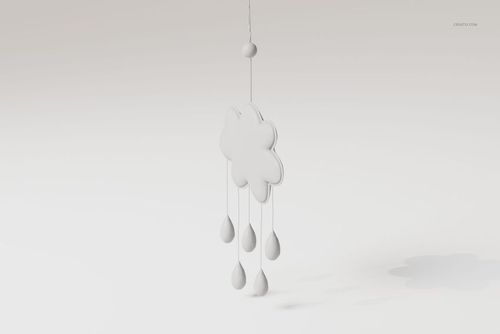 Front view of a white cloud-shaped baby mobile with five hanging raindrop ornaments against a plain background.