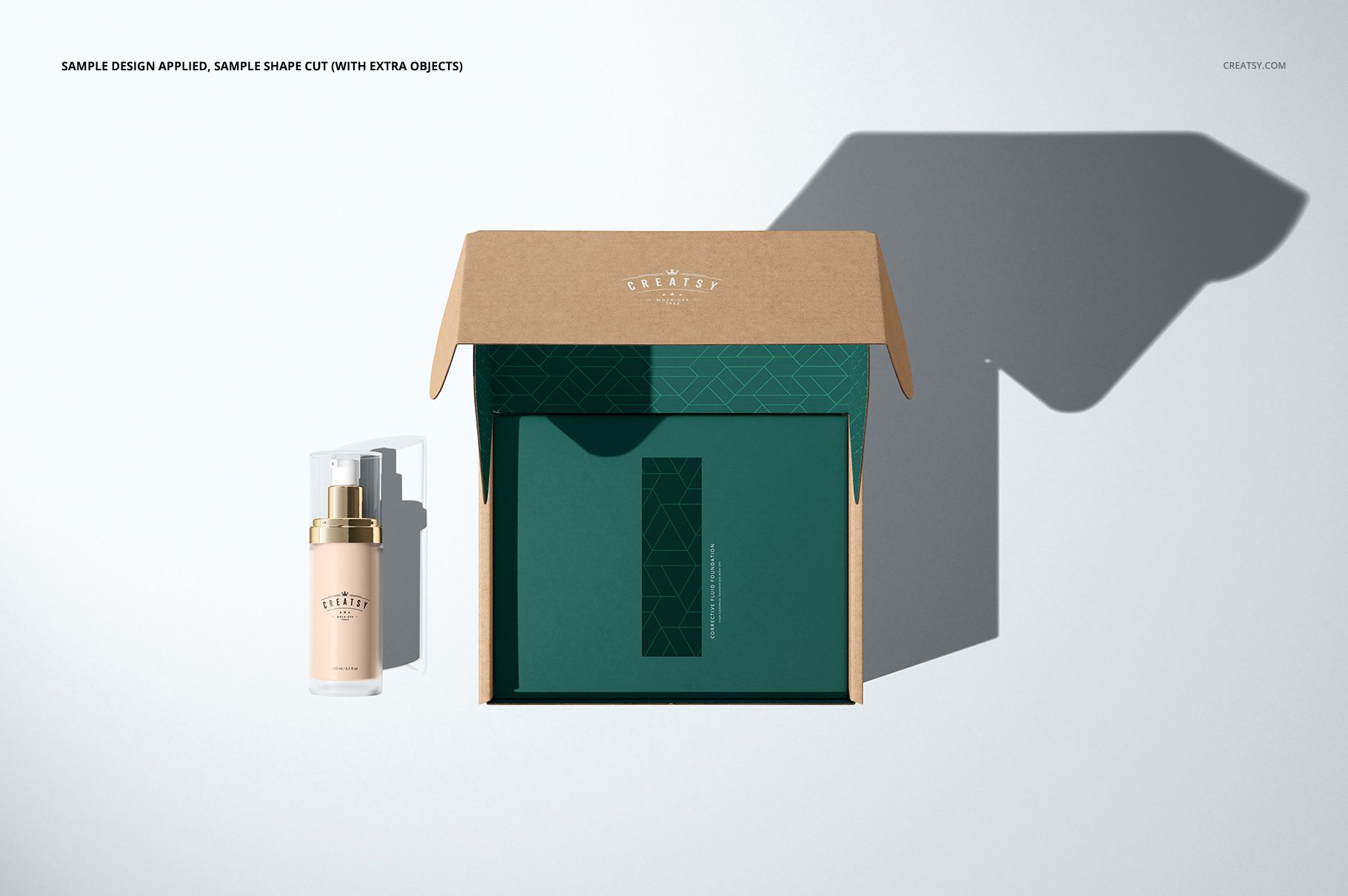 Mailing box mockup set featuring an open kraft box with green tray and a pump bottle on a light background.