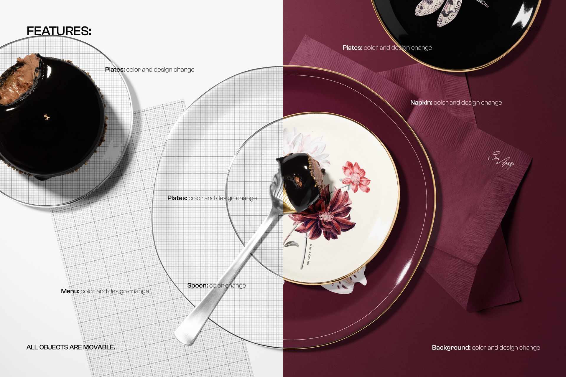 Dinnerware set mockup featuring plates, spoon, menu, and napkin on a split background with burgundy and white tones.