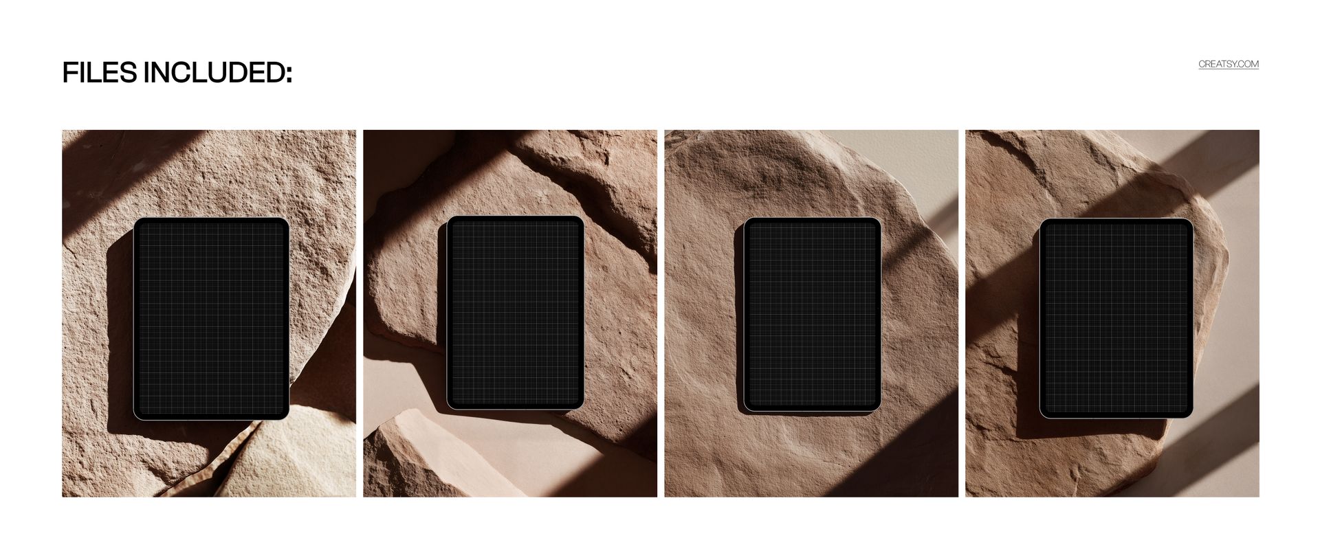 Set of iPad Pro mockups placed on different stone surfaces, each device viewed from above with empty screens.