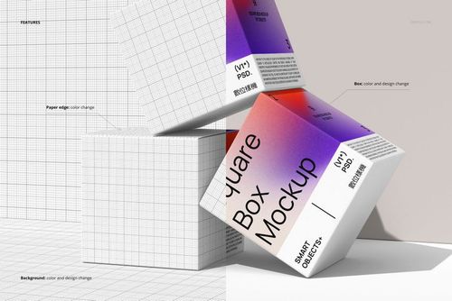 PSD mockup of square packaging boxes with abstract grid and gradient artwork, displayed in a geometric layout.