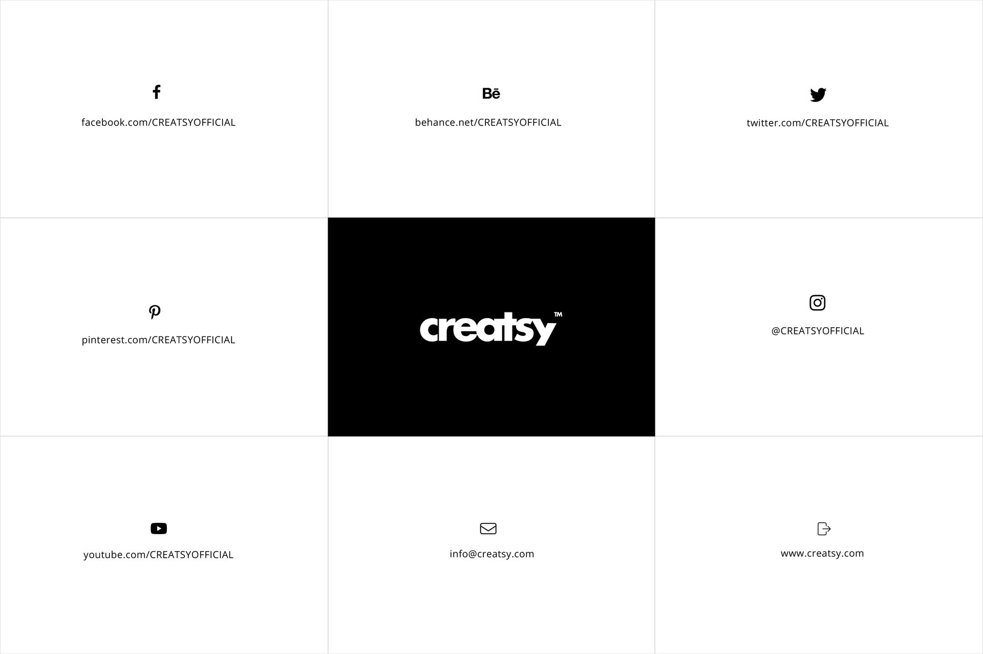 Grid layout with eight white squares featuring black social media icons and links, centered around a black square with the creatsy logo.