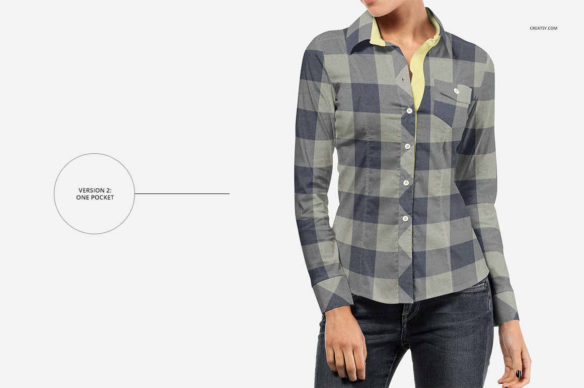 Front view of a women's dress shirt mockup with a large checkered pattern and one chest pocket, worn by a model.
