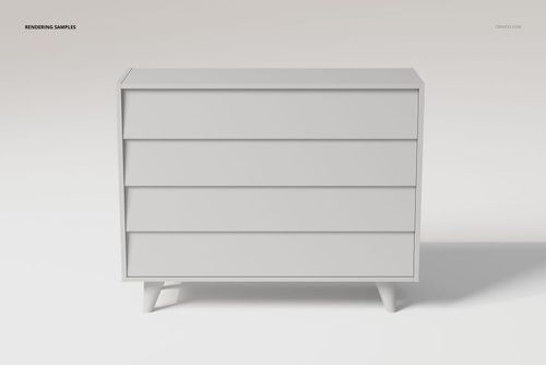 Front view of a mid century modern dresser with four horizontal drawers, finished in matte white, on angled legs.