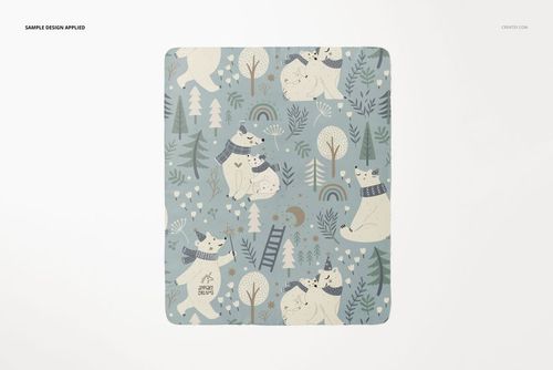 Top view of a 130x160 cm fleece blanket with rounded corners, featuring a playful animal and tree pattern in soft colors.