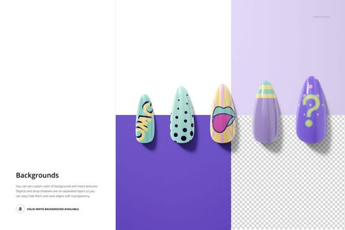 Front view of five nail tips with colorful designs, including polka dots, stripes, and graphic art, on a PSD mockup background.