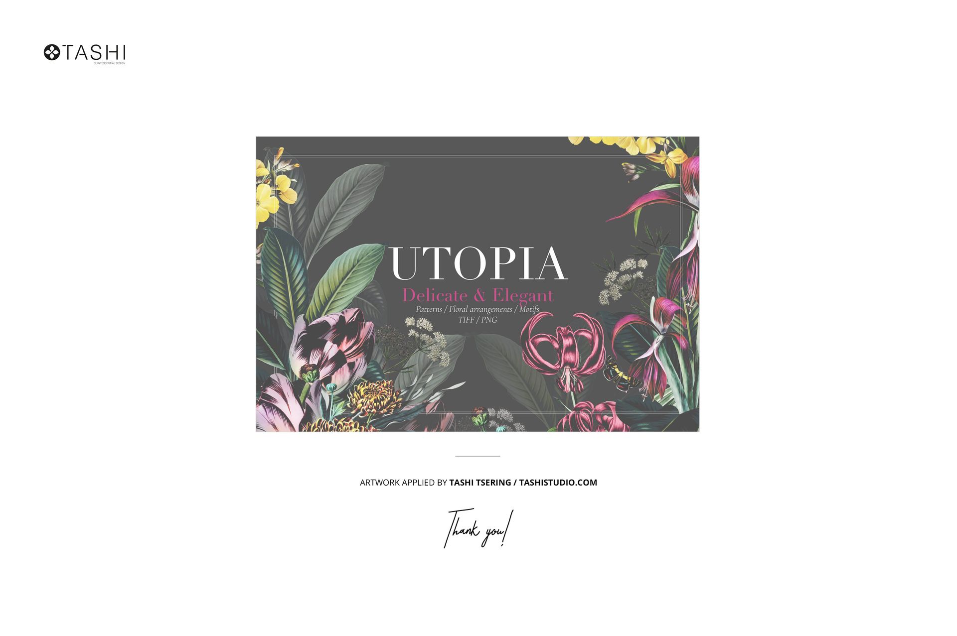 Rectangular poster with floral border design and dark background, featuring the text 'Utopia' in a living room mockup.