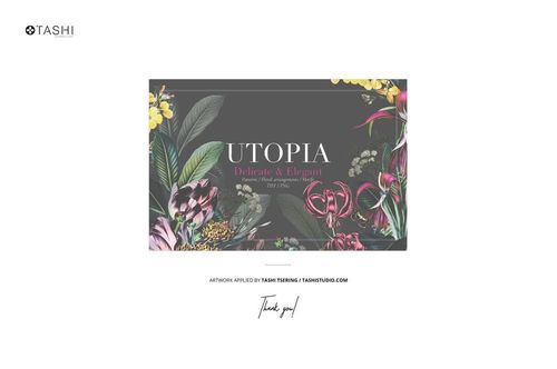 Rectangular poster with floral border design and dark background, featuring the text 'Utopia' in a living room mockup.