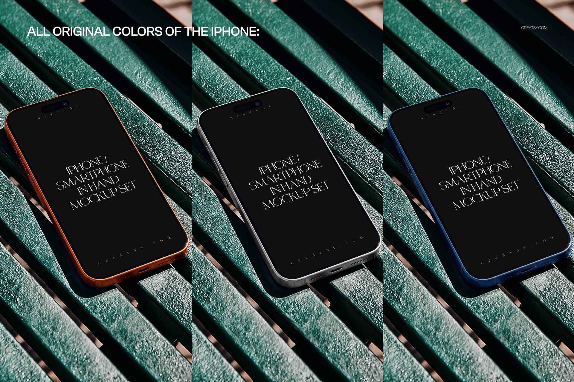 Three iPhone smartphones in different colors displayed on a green park bench, shown from a top angle in a PSD mockup.