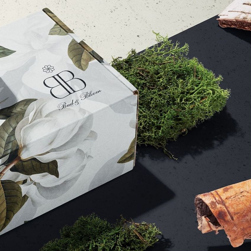 Stationery mockup showing a floral design box with visible logo and script, styled with green moss and curled pieces of bark nearby.