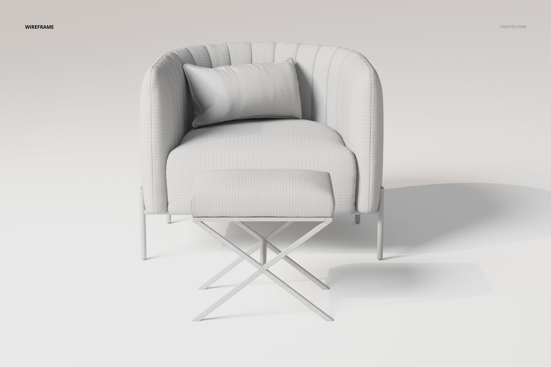 Front view of a modern armchair with ottoman in a light gray wireframe texture, set against a plain background.