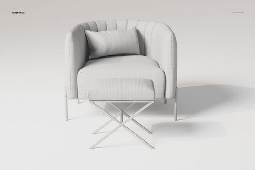 Front view of a modern armchair with ottoman in a light gray wireframe texture, set against a plain background.