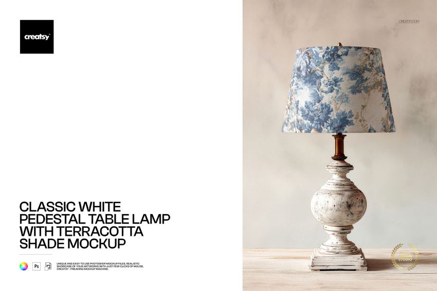 Classic white table lamp with a distressed pedestal base and terracotta lampshade decorated with blue flowers, PSD mockup.