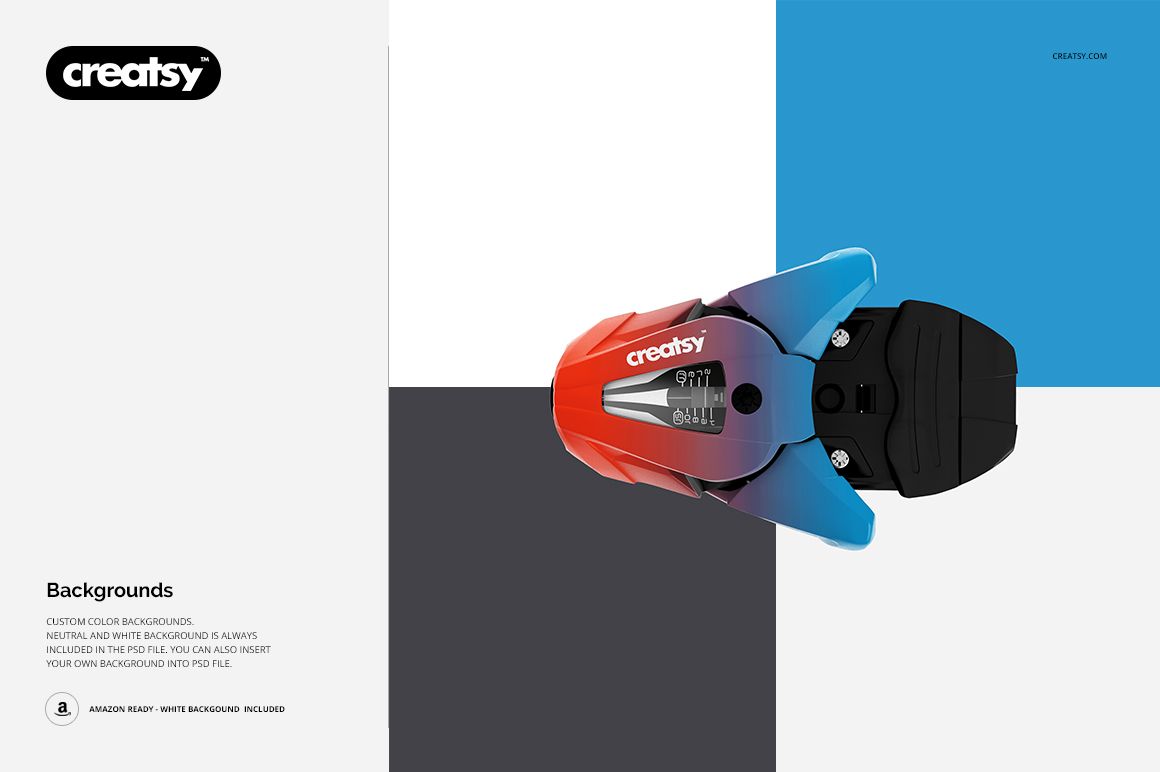 Top view of a ski binding mockup with a red, blue, and black color scheme on a geometric background with white, blue, and gray sections.