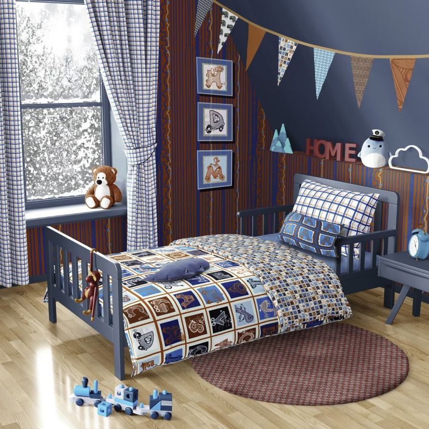 Toddler room bedding mockup showing a small bed with patterned bedding, plush toys, and playful decor in a cozy bedroom.