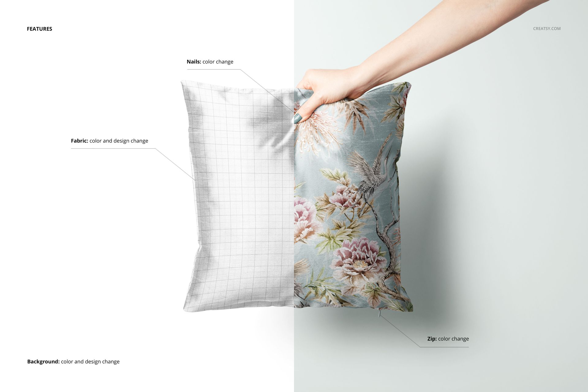Square cushion cover mockup showing split design, with one side grid pattern and the other floral, held against white background.