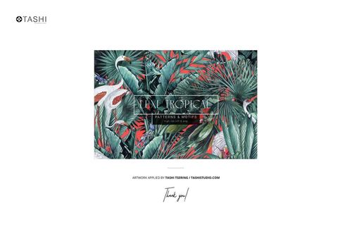 Bedding mockup featuring lush green palm leaves and white birds, shown from the front in a home setting.