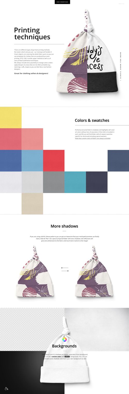 Front view of a baby knotted hat mockup with abstract patterns and text, displayed on a white background.