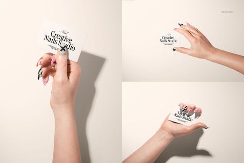 Three views of hands with colorful manicured nails holding a white card against a neutral background in a nails mockup.