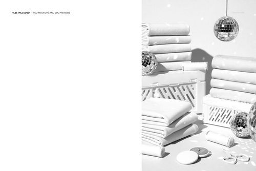 PSD mockup showing neatly arranged jersey fabrics on crates with disco balls and playful party decorations.