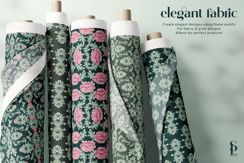 Fabric rolls mockup featuring five upright rolls with floral and botanical patterns in green, white, and pink tones on a light background.