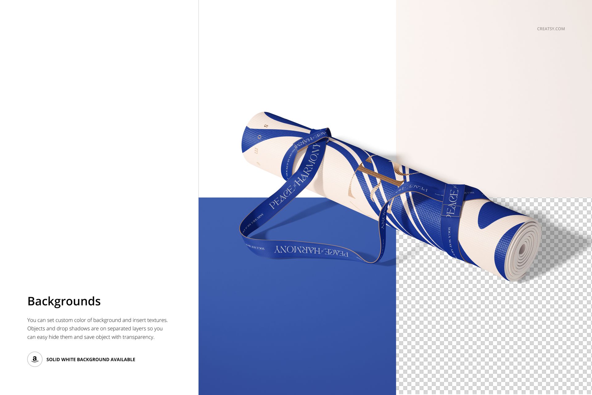 Yoga mat mockup featuring a rolled mat with blue accents and strap, displayed on a two-tone blue and white surface.