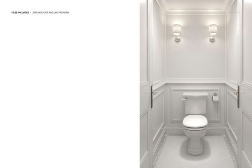 Front view of a traditional bathroom mockup featuring classic wainscoting, white walls, and a toilet with wall-mounted lights.