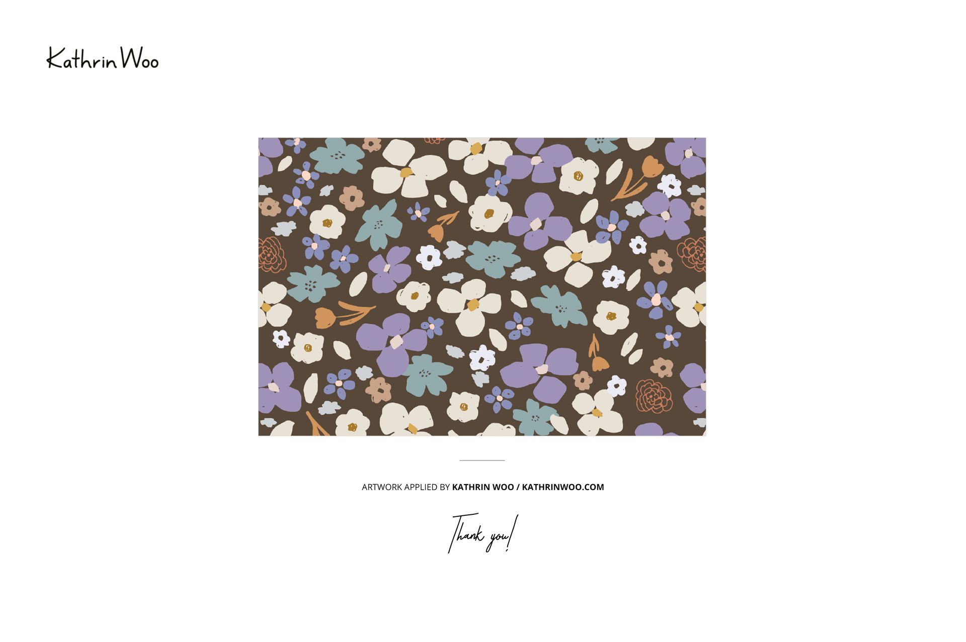 Angled view of a jersey fabric mockup featuring a floral pattern in white, purple, and blue on a brown background.