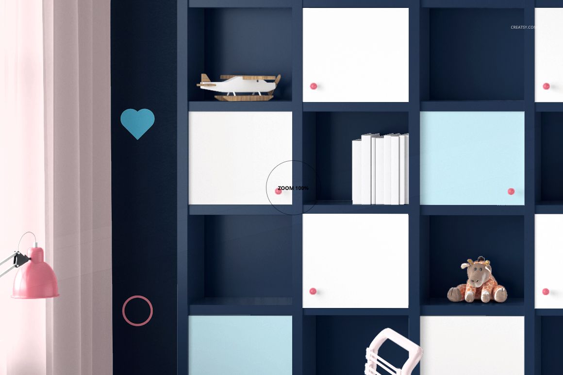 Mockup of a kids room interior with a geometric shelving system, assorted toys, books, and soft colored wall decorations.