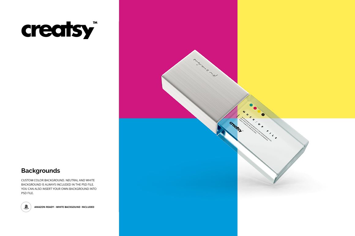 Mockup of an acrylic USB drive featuring a clear and metallic body, shown in perspective view over colored blocks.