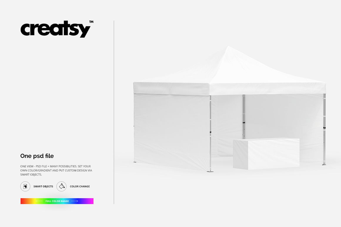 Front view of a 13x13 pop up tent mockup in white, featuring a rectangular table in front, isolated on a simple background.