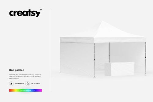 Front view of a 13x13 pop up tent mockup in white, featuring a rectangular table in front, isolated on a simple background.