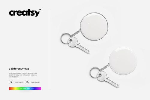 Round key chain mockup set featuring two circular keychains with blank surfaces attached to silver keys on a white background.