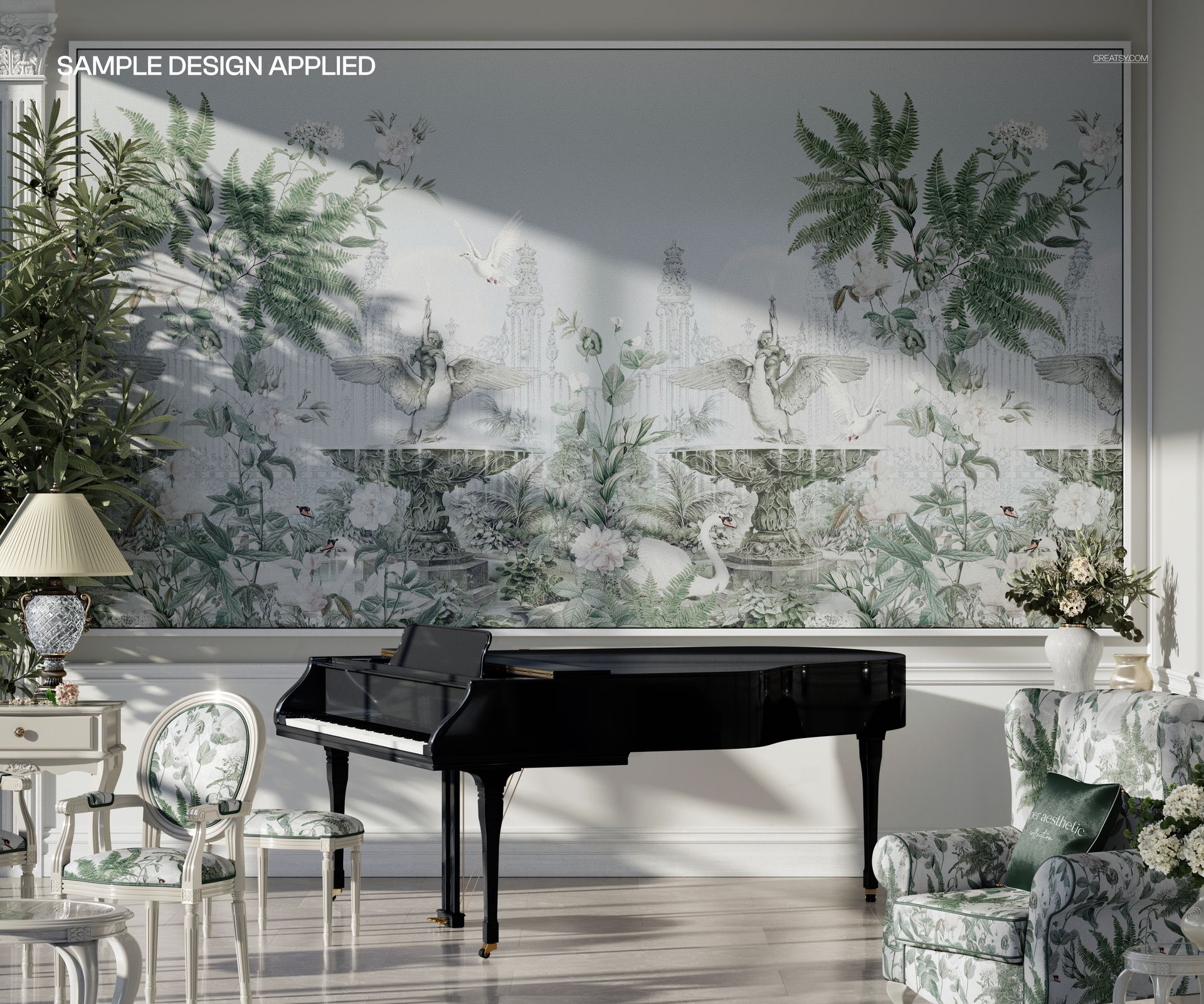 Front view of a spacious living room mockup featuring a black grand piano and botanical-themed wall art.