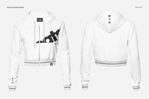 White crop hoodie PSD mockup shown from front and back, with zipper, pocket, and bold black graphic detail.