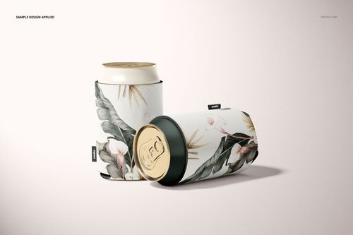 Neoprene can cooler mockup featuring tropical floral designs, displayed with cans on a neutral surface.