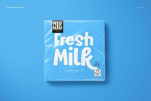 Square napkin mockup in blue with bold white text, viewed from above on a solid light blue background.