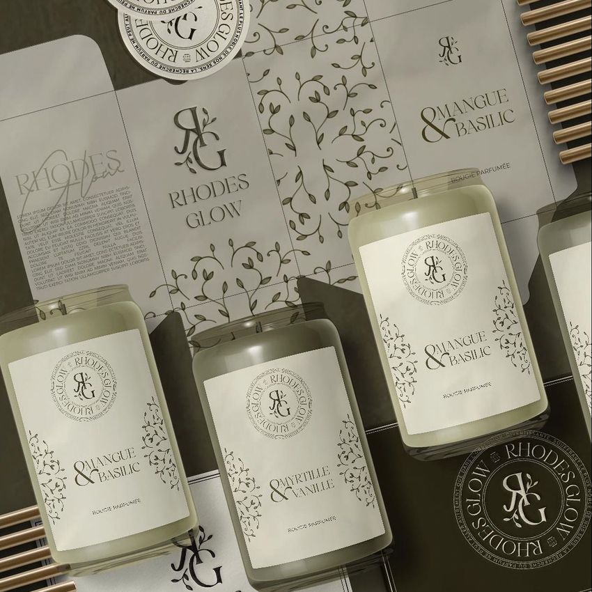 Can glass candle mockup featuring three labeled candles on a flat lay with botanical packaging designs and gold accents.