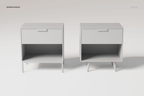 Front view of two mid-century modern night stands in light gray, each with a drawer and open shelf on a white background.