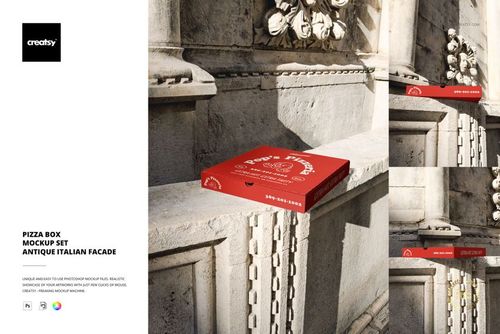 Pizza box mockup displayed on ornate stone architecture, featuring a red box with white graphics, angled perspective.