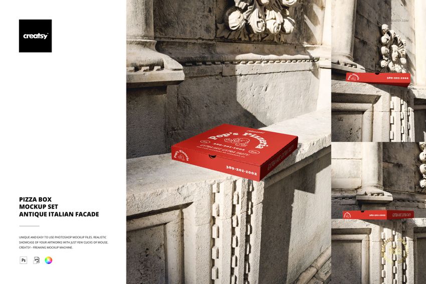 Pizza box mockup displayed on ornate stone architecture, featuring a red box with white graphics, angled perspective.