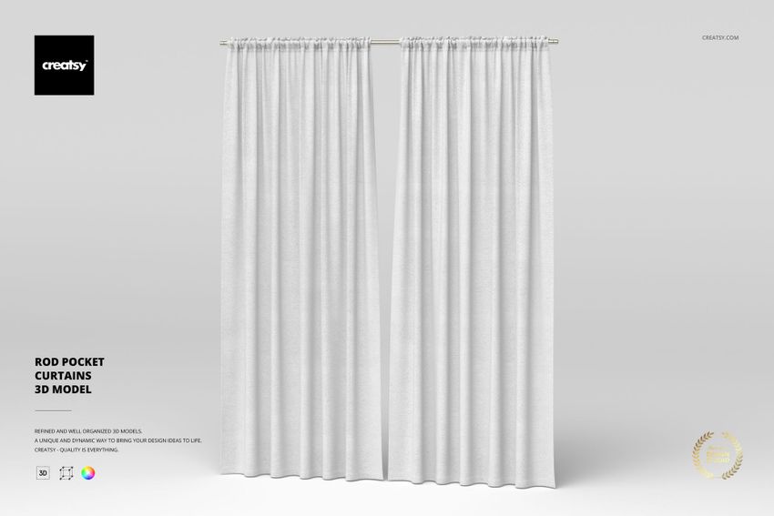 Front view of white rod pocket curtains hanging against a plain light gray background, fabric texture visible.