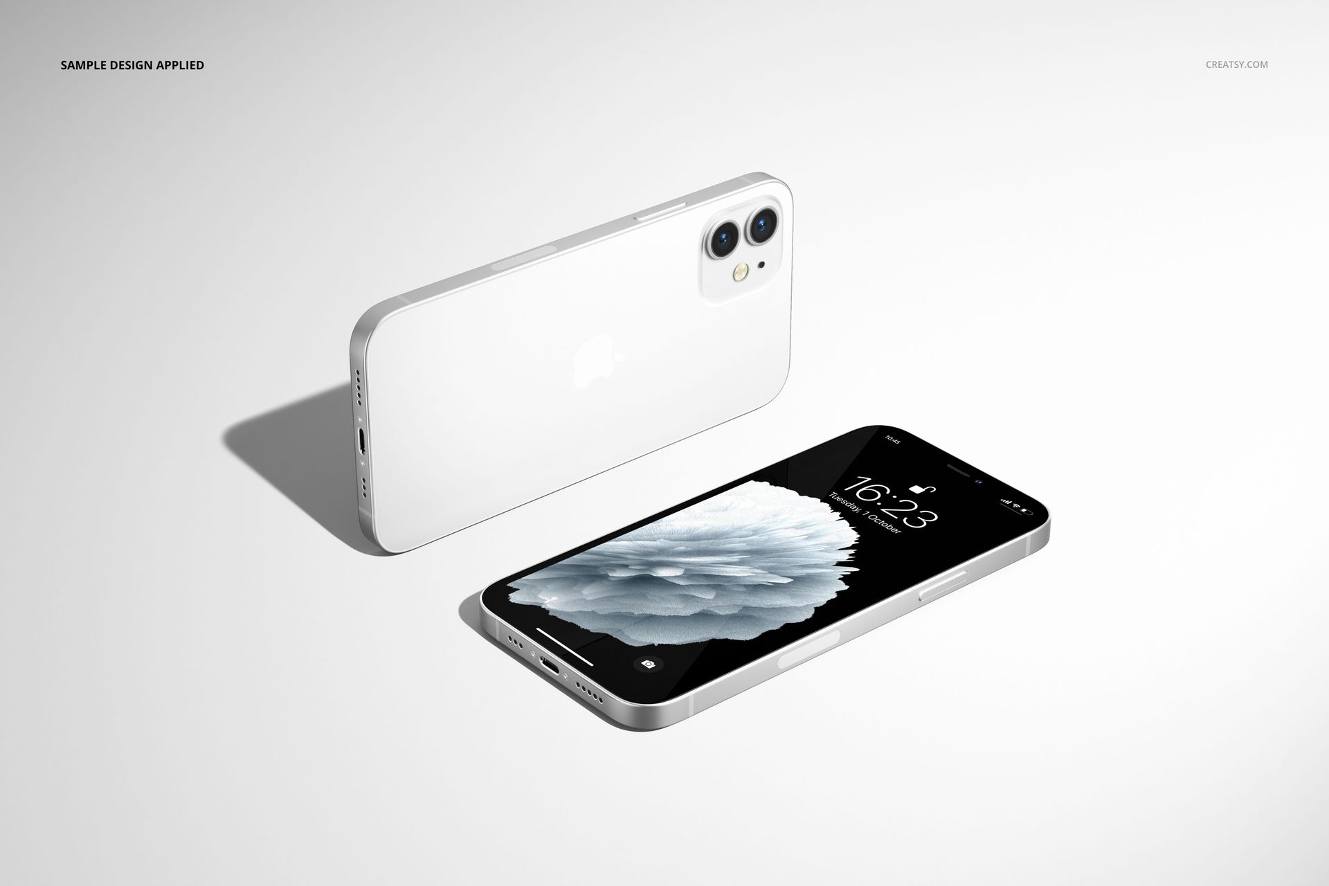 iPhone 12 mockup set featuring a front view of the phone screen and a rear view of the device on a light background.