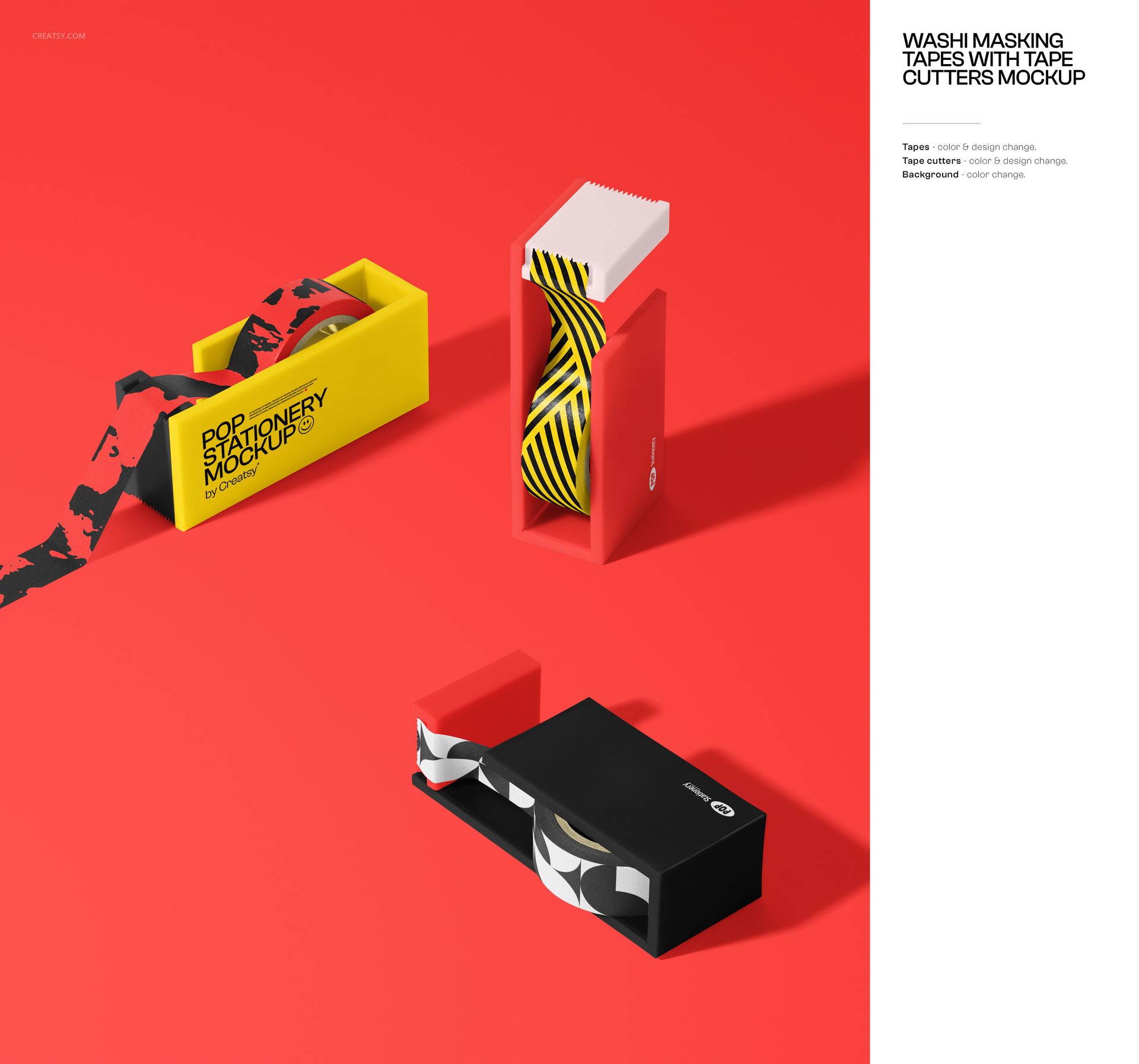 Top view of three washi masking tape dispensers in yellow, red, and black on a bright red background with shadow.