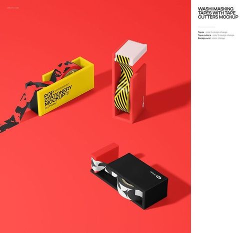 Top view of three washi masking tape dispensers in yellow, red, and black on a bright red background with shadow.