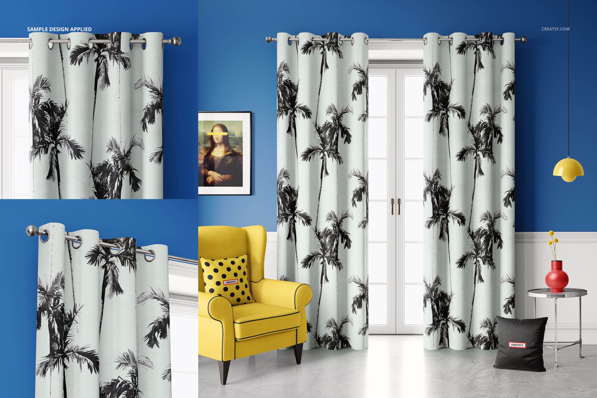 Velvet eyelet curtains mockup featuring black palm tree design, displayed in a modern room with blue walls and white doors.