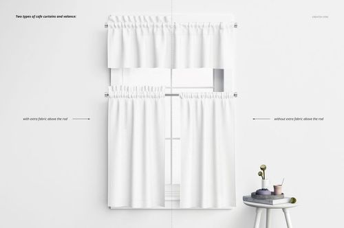 Front view of white valance and cafe curtains mockup set displayed on a window with minimal decor nearby.