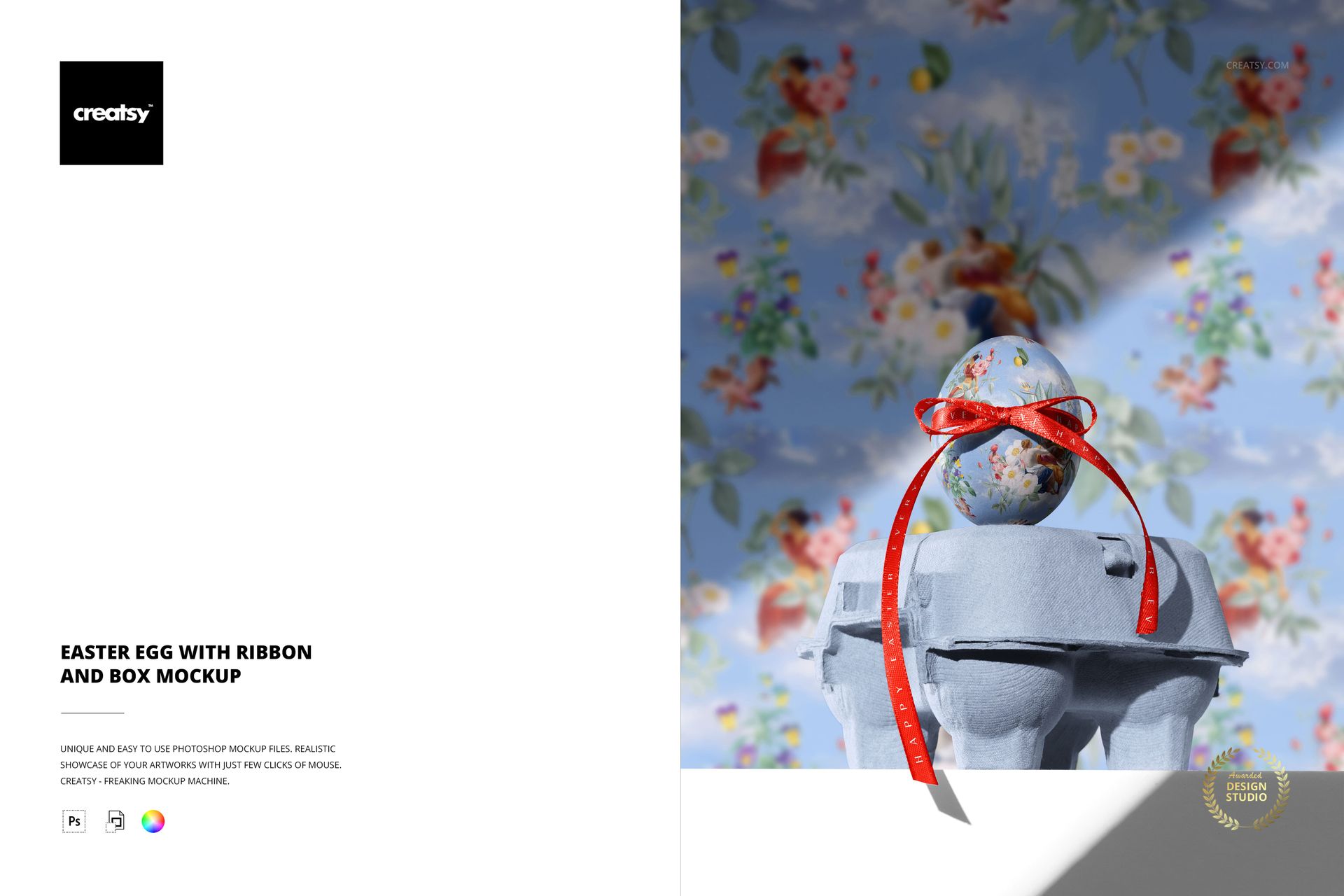 PSD mockup featuring a decorative Easter egg tied with a red ribbon, resting on a gray box with a floral backdrop.