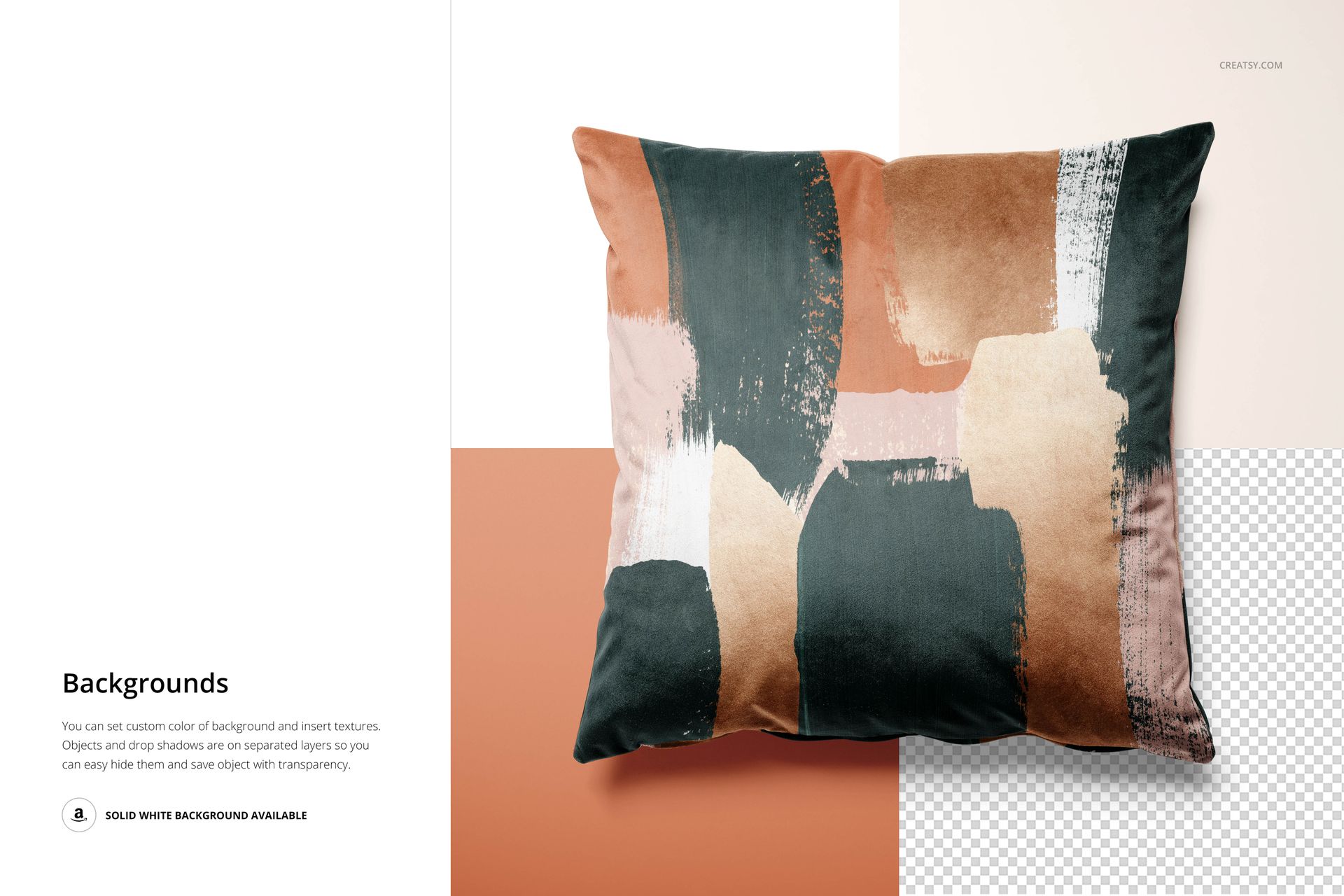 PSD mockup of a cushion cover displaying artistic strokes in earthy hues, presented from above with varied backgrounds.